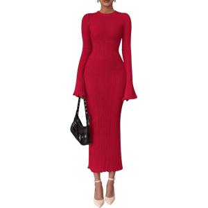 imagePRETTYGARDEN Sweater Dresses for Women 2026 Fall Bell Long Sleeve Crew Neck Bodycon Maxi Dress Winter Ribbed Knit OutfitsRed