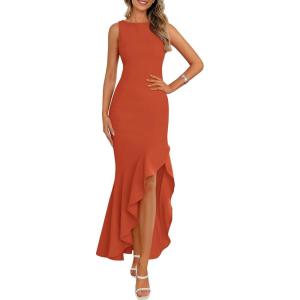 imagePRETTYGARDEN Wedding Guest Dresses for Women 2026 Summer Formal Gala Maxi Dress Ruffle Mermaid Cocktail Long DressesBrick Red