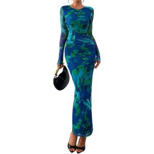 imagePRETTYGARDEN Wedding Guest Dresses for Women Spring Long Sleeve Ruched Bodycon Floral Mesh Cocktail Party Fall Maxi DressGreen Floral