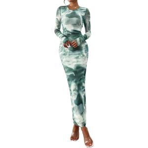 imagePRETTYGARDEN Wedding Guest Dresses for Women Spring Long Sleeve Ruched Bodycon Floral Mesh Cocktail Party Fall Maxi DressGrey Green Floral