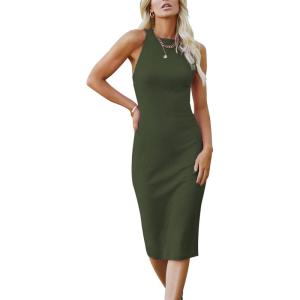 imagePRETTYGARDEN Women Bodycon Midi Dress 2026 Summer Spring Casual Vacation Sundress Fitted Sleeveless Tank DressesArmy Green