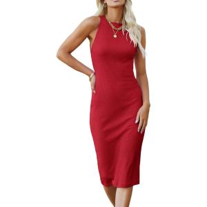 imagePRETTYGARDEN Women Bodycon Midi Dress 2026 Summer Spring Casual Vacation Sundress Fitted Sleeveless Tank DressesRed