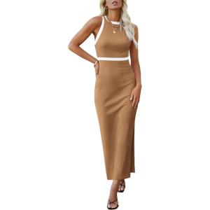 imagePRETTYGARDEN Women Bodycon Midi Dress 2026 Summer Spring Casual Vacation Sundress Fitted Sleeveless Tank DressesZkhaki