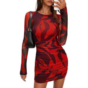 imagePRETTYGARDEN Women Long Sleeve Mini Dress Spring 2026 Tie Dye Print Bodycon Cocktail Party Club Outfits Homecoming DressesBlack Red Flower