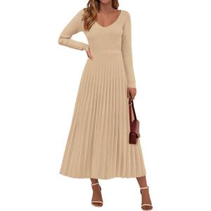 imagePRETTYGARDEN Women Sweater Dress Fall Fashion 2026 Long Sleeve V Neck Ribbed Knit Pleated A Line Elegant Maxi Winter DressesBeige