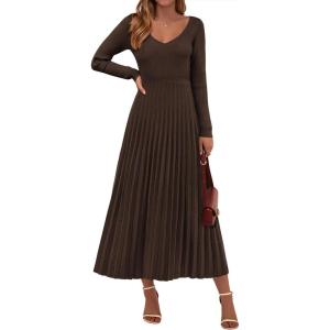 imagePRETTYGARDEN Women Sweater Dress Fall Fashion 2026 Long Sleeve V Neck Ribbed Knit Pleated A Line Elegant Maxi Winter DressesBrown