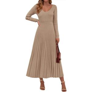 imagePRETTYGARDEN Women Sweater Dress Fall Fashion 2026 Long Sleeve V Neck Ribbed Knit Pleated A Line Elegant Maxi Winter DressesKhaki