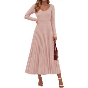 imagePRETTYGARDEN Women Sweater Dress Fall Fashion 2026 Long Sleeve V Neck Ribbed Knit Pleated A Line Elegant Maxi Winter DressesLight Pink
