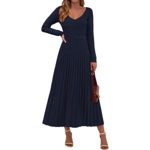 imagePRETTYGARDEN Women Sweater Dress Fall Fashion 2026 Long Sleeve V Neck Ribbed Knit Pleated A Line Elegant Maxi Winter DressesNavy Blue