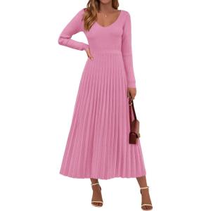 imagePRETTYGARDEN Women Sweater Dress Fall Fashion 2026 Long Sleeve V Neck Ribbed Knit Pleated A Line Elegant Maxi Winter DressesPink