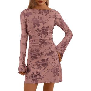imagePRETTYGARDEN Womens 2026 Fall Fashion Floral Long Sleeve Mini Dress Mesh Bodycon Short Party Date Night Going Out DressesDusty Pink