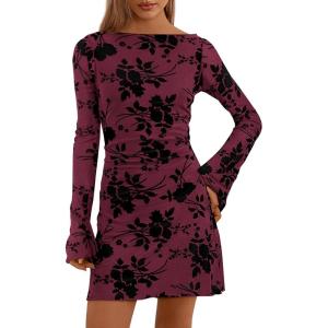imagePRETTYGARDEN Womens 2026 Fall Fashion Floral Long Sleeve Mini Dress Mesh Bodycon Short Party Date Night Going Out DressesRed