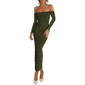 imagePRETTYGARDEN Womens 2026 Fall Long Sleeve Maxi Dress Off Shoulder Mesh Ruched Bodycon Trendy Long Wedding Guest DressesArmy Green