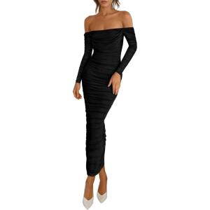 imagePRETTYGARDEN Womens 2026 Fall Long Sleeve Maxi Dress Off Shoulder Mesh Ruched Bodycon Trendy Long Wedding Guest DressesBlack