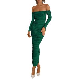 imagePRETTYGARDEN Womens 2026 Fall Long Sleeve Maxi Dress Off Shoulder Mesh Ruched Bodycon Trendy Long Wedding Guest DressesDark Green
