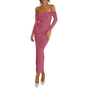 imagePRETTYGARDEN Womens 2026 Fall Long Sleeve Maxi Dress Off Shoulder Mesh Ruched Bodycon Trendy Long Wedding Guest DressesDark Pink