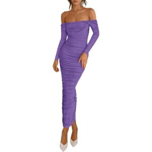 imagePRETTYGARDEN Womens 2026 Fall Long Sleeve Maxi Dress Off Shoulder Mesh Ruched Bodycon Trendy Long Wedding Guest DressesGrey Purple