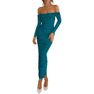imagePRETTYGARDEN Womens 2026 Fall Long Sleeve Maxi Dress Off Shoulder Mesh Ruched Bodycon Trendy Long Wedding Guest DressesLake Blue