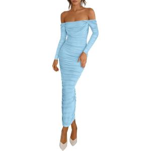imagePRETTYGARDEN Womens 2026 Fall Long Sleeve Maxi Dress Off Shoulder Mesh Ruched Bodycon Trendy Long Wedding Guest DressesLight Blue
