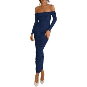 imagePRETTYGARDEN Womens 2026 Fall Long Sleeve Maxi Dress Off Shoulder Mesh Ruched Bodycon Trendy Long Wedding Guest DressesNavy Blue