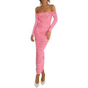imagePRETTYGARDEN Womens 2026 Fall Long Sleeve Maxi Dress Off Shoulder Mesh Ruched Bodycon Trendy Long Wedding Guest DressesPink