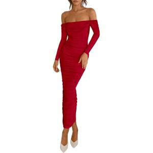 imagePRETTYGARDEN Womens 2026 Fall Long Sleeve Maxi Dress Off Shoulder Mesh Ruched Bodycon Trendy Long Wedding Guest DressesRed
