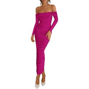 imagePRETTYGARDEN Womens 2026 Fall Long Sleeve Maxi Dress Off Shoulder Mesh Ruched Bodycon Trendy Long Wedding Guest DressesRose Red