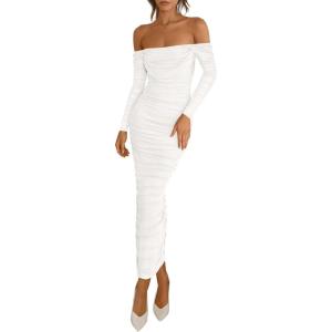 imagePRETTYGARDEN Womens 2026 Fall Long Sleeve Maxi Dress Off Shoulder Mesh Ruched Bodycon Trendy Long Wedding Guest DressesWhite