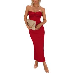 imagePRETTYGARDEN Womens 2026 Summer Bodycon Maxi Dress Strapless Tube Twist Knot Front Ribbed Knit Slit Cocktail Party DressesRed