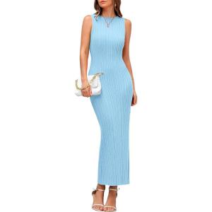 imagePRETTYGARDEN Womens 2026 Summer Casual Maxi Dresses Ribbed Knit Sleeveless Bodycon Elegant Going Out Beach Vacation ClothesLight Blue