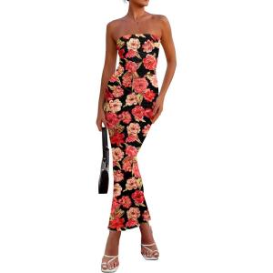 imagePRETTYGARDEN Womens 2026 Summer Floral Bodycon Maxi Dresses Ribbed Strapless Tube Casual Boho Party Long DressFloral Black
