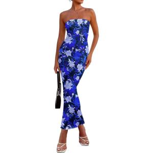 imagePRETTYGARDEN Womens 2026 Summer Floral Bodycon Maxi Dresses Ribbed Strapless Tube Casual Boho Party Long DressFloral Blue