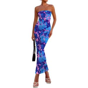 imagePRETTYGARDEN Womens 2026 Summer Floral Bodycon Maxi Dresses Ribbed Strapless Tube Casual Boho Party Long DressFloral Blue Pink