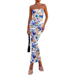imagePRETTYGARDEN Womens 2026 Summer Floral Bodycon Maxi Dresses Ribbed Strapless Tube Casual Boho Party Long DressFloral White Blue