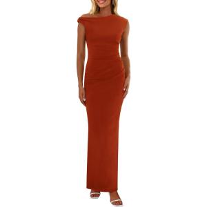 imagePRETTYGARDEN Womens 2026 Summer Formal Maxi Dresses Sleeveless One Shoulder Bodycon Ruched Mesh Wedding Guest Cocktail DressRust Red