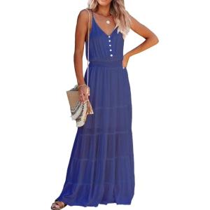 imagePRETTYGARDEN Womens 2026 Summer Maxi Dress Spaghetti Strap Sleeveless High Waist Beach Vacation Long SundressesBlue