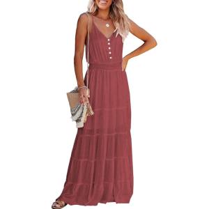 imagePRETTYGARDEN Womens 2026 Summer Maxi Dress Spaghetti Strap Sleeveless High Waist Beach Vacation Long SundressesBrick Red