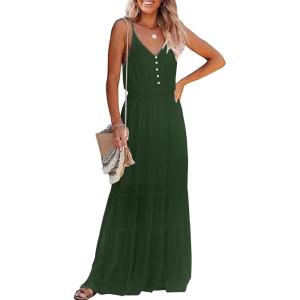 imagePRETTYGARDEN Womens 2026 Summer Maxi Dress Spaghetti Strap Sleeveless High Waist Beach Vacation Long SundressesDark Green