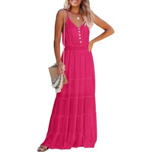 imagePRETTYGARDEN Womens 2026 Summer Maxi Dress Spaghetti Strap Sleeveless High Waist Beach Vacation Long SundressesDark Rose Red