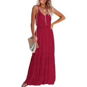 imagePRETTYGARDEN Womens 2026 Summer Maxi Dress Spaghetti Strap Sleeveless High Waist Beach Vacation Long SundressesDeep Red