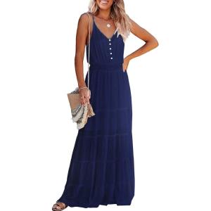 imagePRETTYGARDEN Womens 2026 Summer Maxi Dress Spaghetti Strap Sleeveless High Waist Beach Vacation Long SundressesNavy