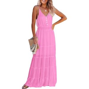 imagePRETTYGARDEN Womens 2026 Summer Maxi Dress Spaghetti Strap Sleeveless High Waist Beach Vacation Long SundressesRose Pink