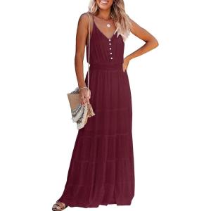 imagePRETTYGARDEN Womens 2026 Summer Maxi Dress Spaghetti Strap Sleeveless High Waist Beach Vacation Long SundressesWine Red