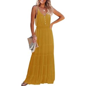 imagePRETTYGARDEN Womens 2026 Summer Maxi Dress Spaghetti Strap Sleeveless High Waist Beach Vacation Long SundressesYellow