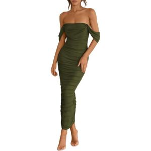 imagePRETTYGARDEN Womens 2026 Summer Off The Shoulder Dress Ruched Bodycon Sleeveless Split Cocktail Party Maxi DressesArmy Green