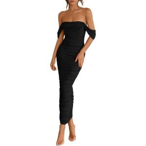imagePRETTYGARDEN Womens 2026 Summer Off The Shoulder Dress Ruched Bodycon Sleeveless Split Cocktail Party Maxi DressesBlack