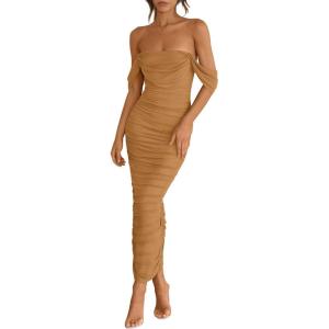 imagePRETTYGARDEN Womens 2026 Summer Off The Shoulder Dress Ruched Bodycon Sleeveless Split Cocktail Party Maxi DressesBrown