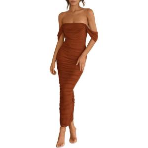 imagePRETTYGARDEN Womens 2026 Summer Off The Shoulder Dress Ruched Bodycon Sleeveless Split Cocktail Party Maxi DressesCaramel