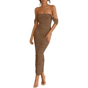 imagePRETTYGARDEN Womens 2026 Summer Off The Shoulder Dress Ruched Bodycon Sleeveless Split Cocktail Party Maxi DressesCoffee