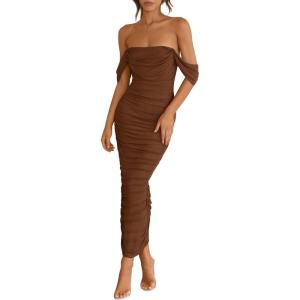 imagePRETTYGARDEN Womens 2026 Summer Off The Shoulder Dress Ruched Bodycon Sleeveless Split Cocktail Party Maxi DressesDark Brown